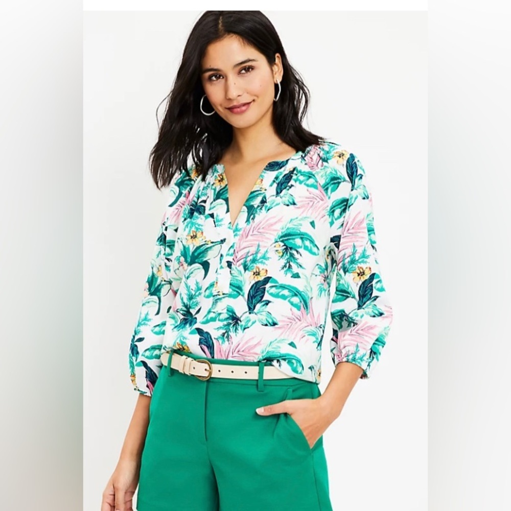 Loft Tropical Floral Henley Blouse Slight Puffed Sleeves Women’s Large Petite